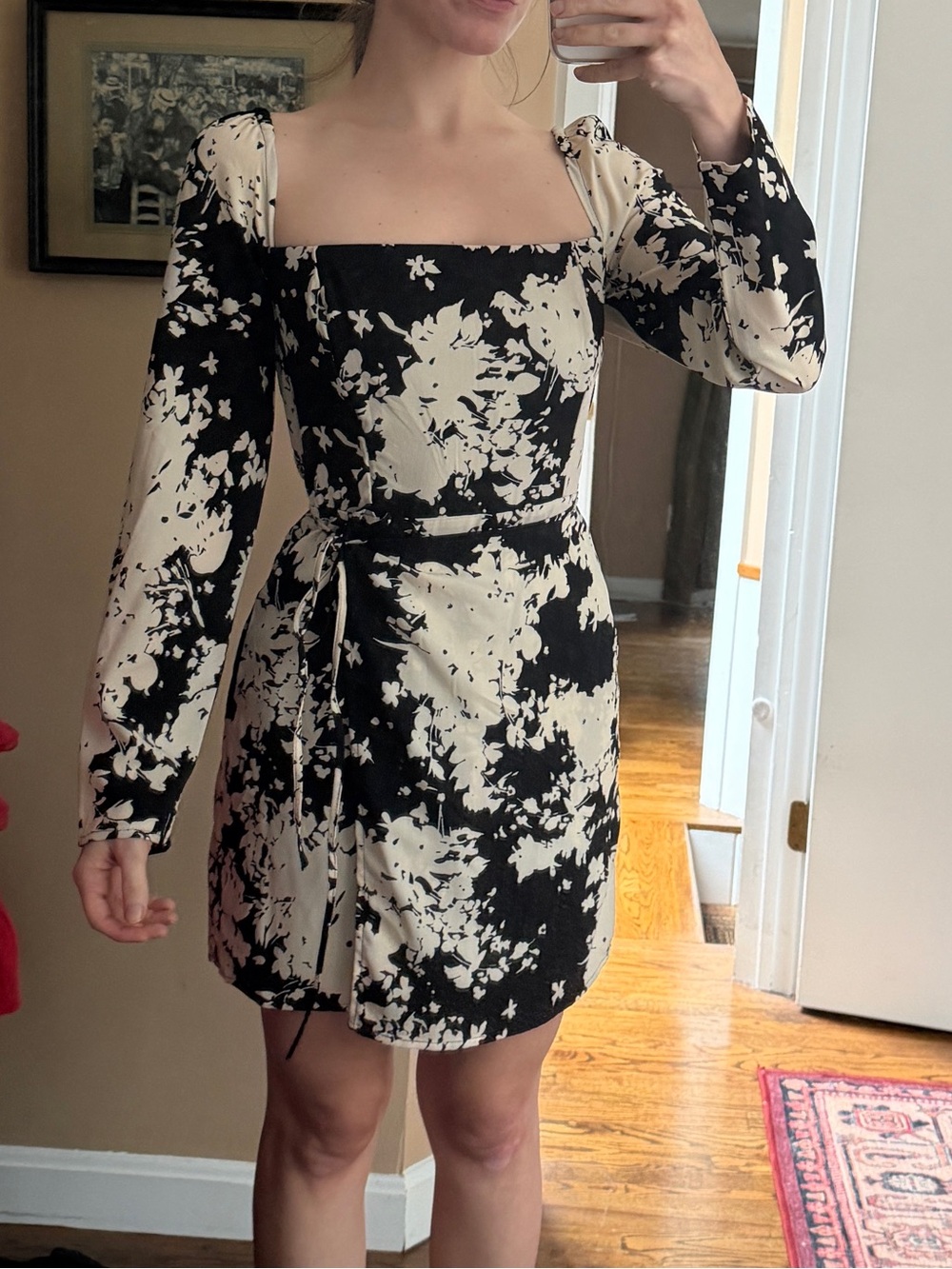 Abercrombie & Fitch Black and Cream Long-Sleeve Mini Dress, Size XS PETITE
